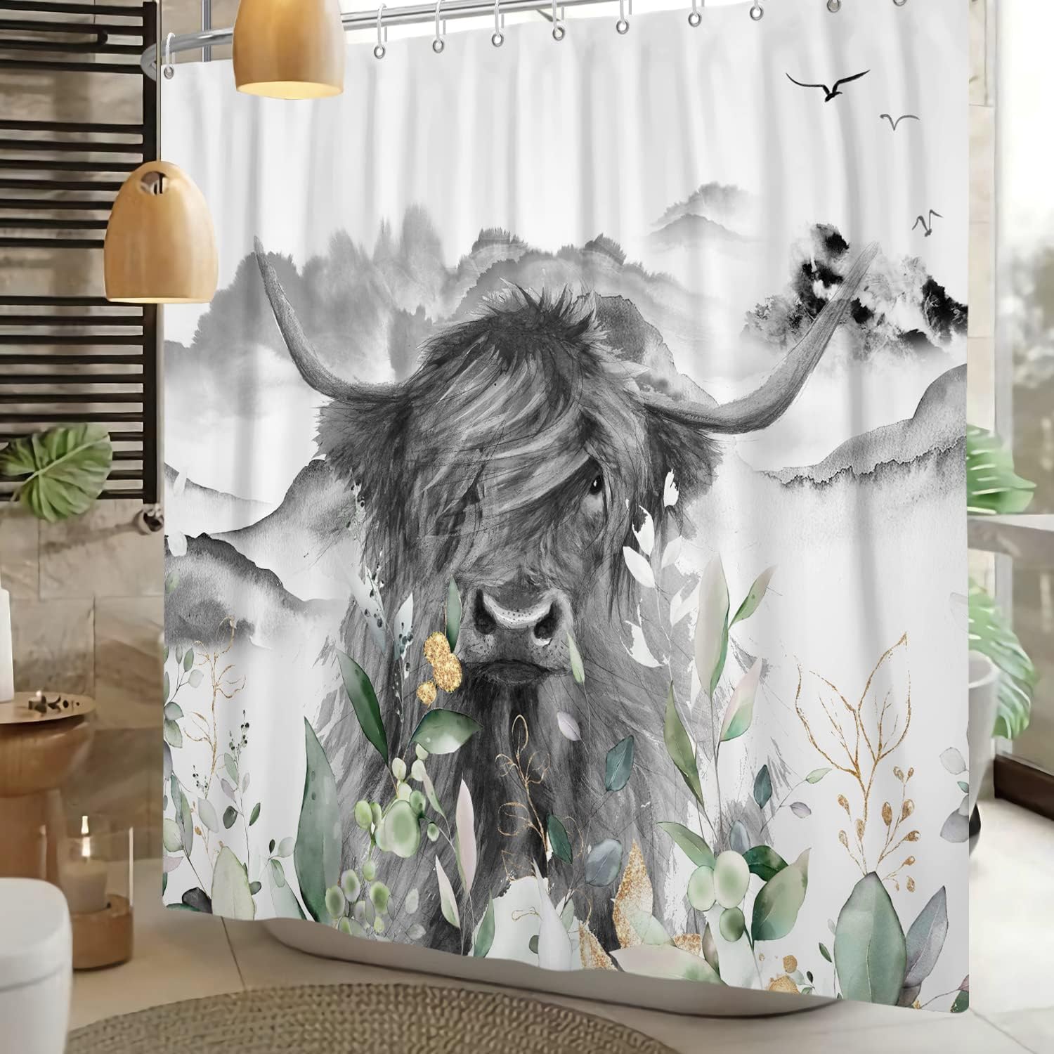 Farmhouse Style Highland Cow Bull Shower Curtain With Floral Western Wildlife Grey Animal Portrait Design