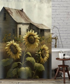 Farmhouse Style Shower Curtain with Old House in a Sunflower Field Print for Bathroom - Unbranded
