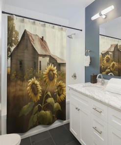 Farmhouse Style Shower Curtain with Old House in a Sunflower Field Print for Bathroom - Unbranded