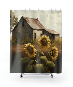 Farmhouse Style Shower Curtain with Old House in a Sunflower Field Print for Bathroom - Unbranded