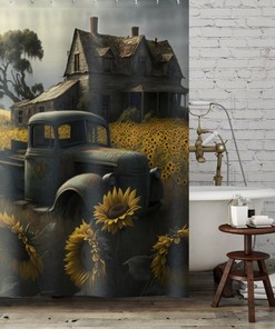 Farmhouse Style Shower Curtain with Old Truck in a Sunflower Field Print for Bathroom - Unbranded