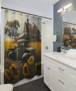 Farmhouse Style Shower Curtain with Old Truck in a Sunflower Field Print for Bathroom - Unbranded