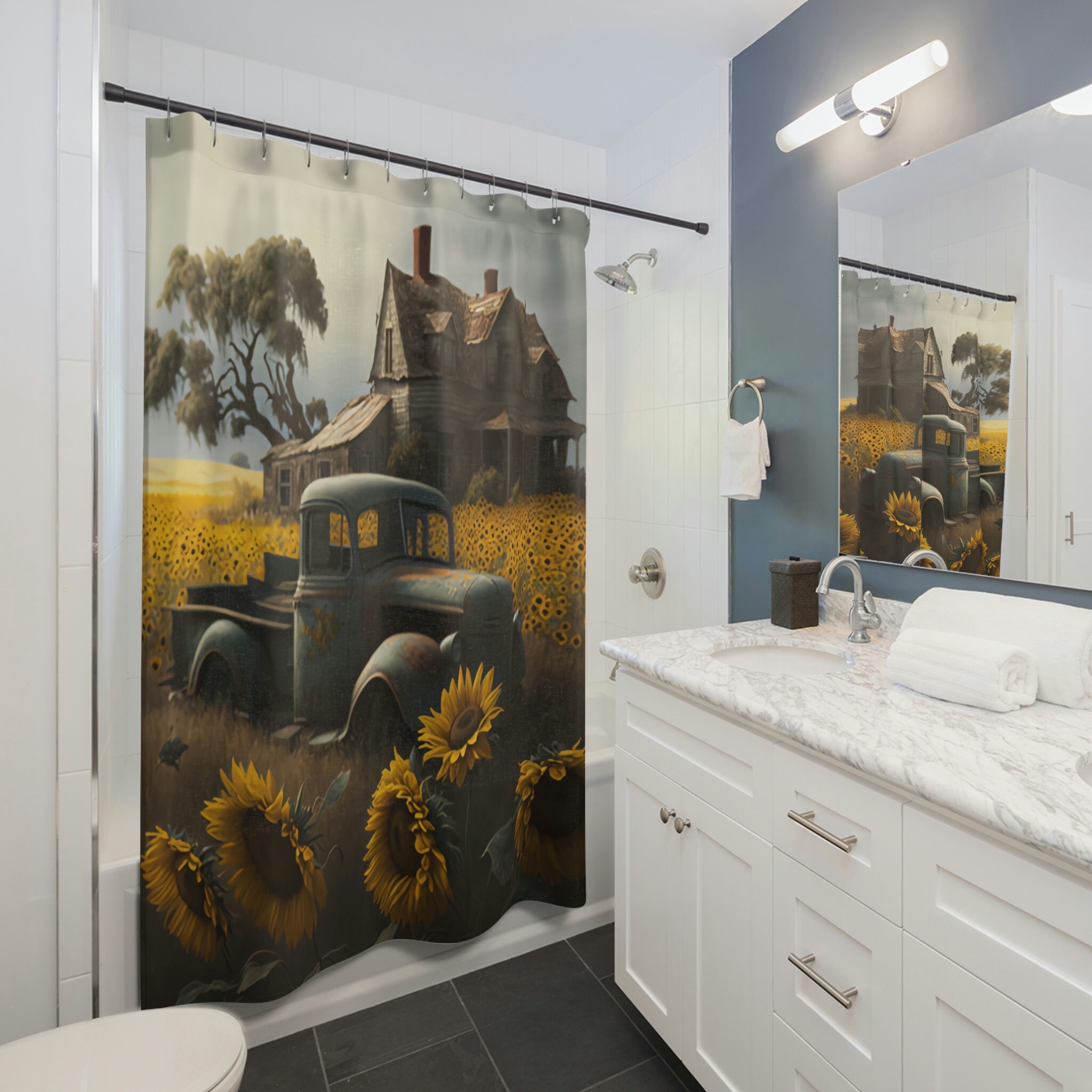 Farmhouse Style Shower Curtain with Old Truck in a Sunflower Field Print for Bathroom - Unbranded