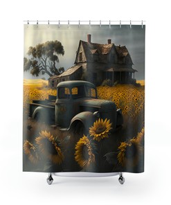 Farmhouse Style Shower Curtain with Old Truck in a Sunflower Field Print for Bathroom - Unbranded