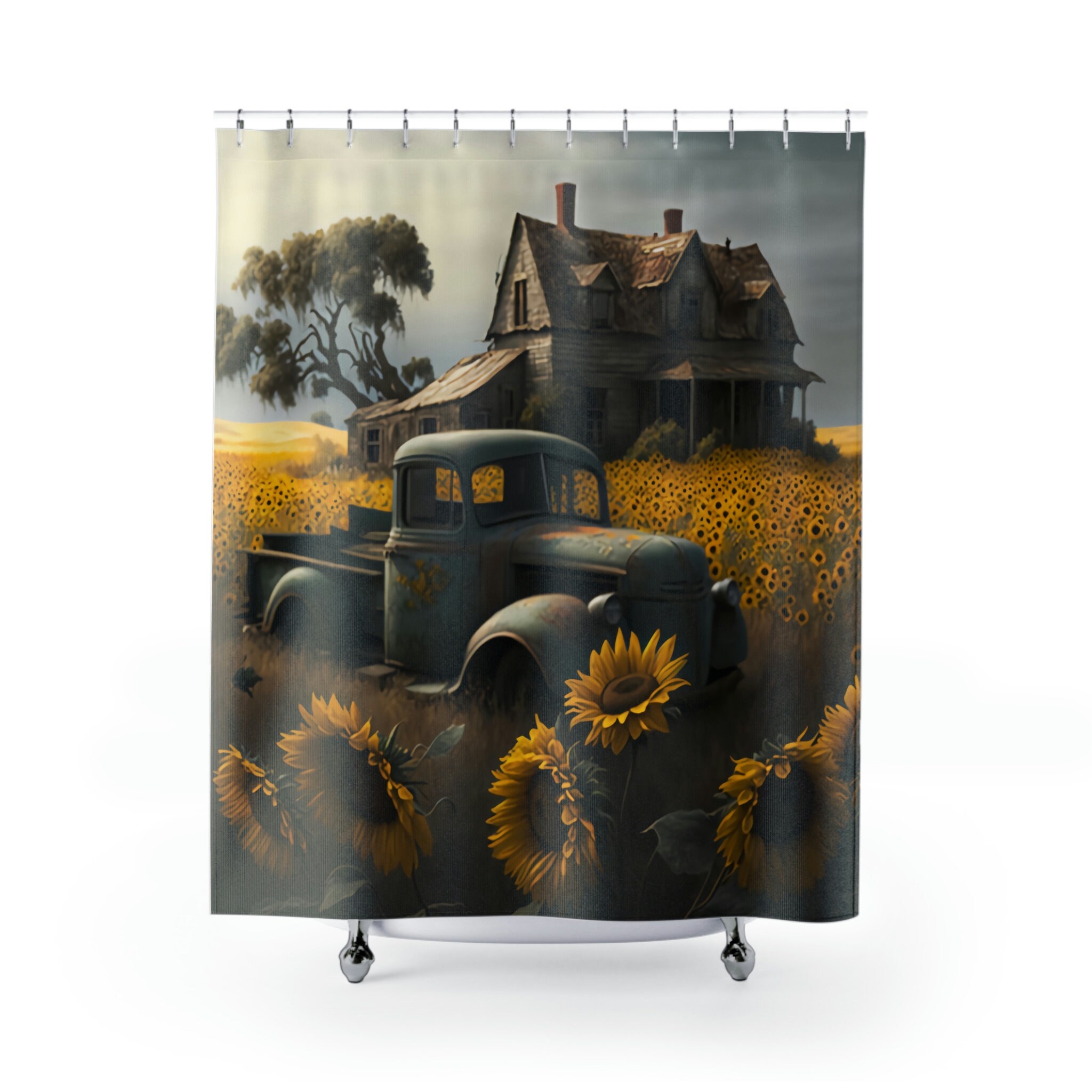 Farmhouse Style Shower Curtain with Old Truck in a Sunflower Field Print for Bathroom - Unbranded