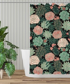 Farmhouse Succulents and Roses Floral Shower Curtain for Modern Bathroom 
