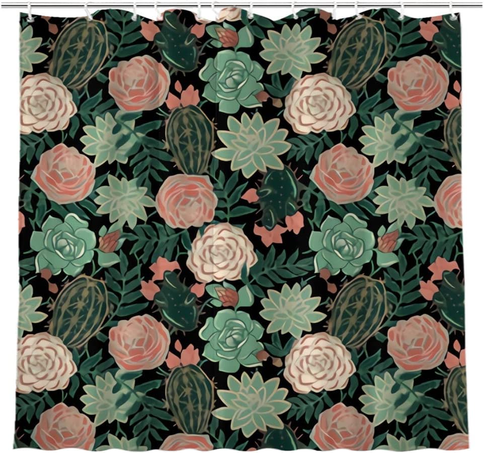 Farmhouse Succulents and Roses Floral Shower Curtain for Modern Bathroom