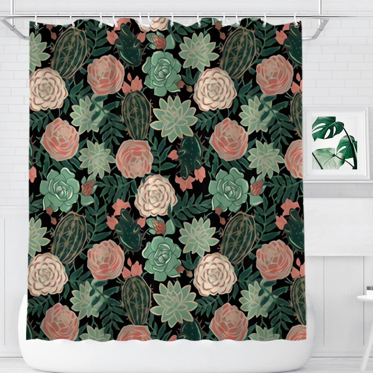 Farmhouse Succulents and Roses Floral Shower Curtain for Modern Bathroom