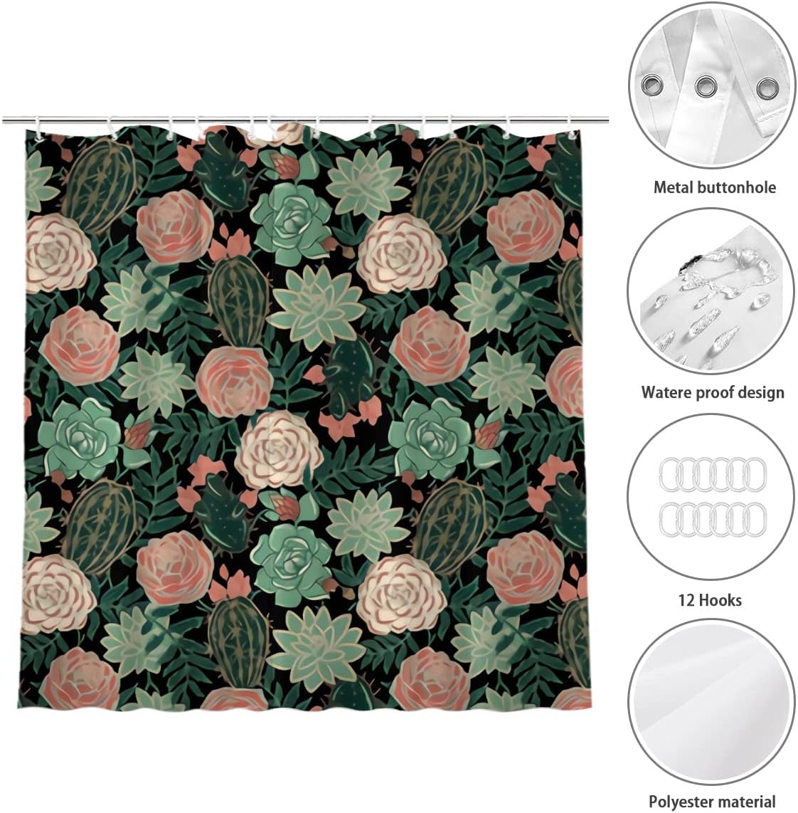 Farmhouse Succulents and Roses Floral Shower Curtain for Modern Bathroom