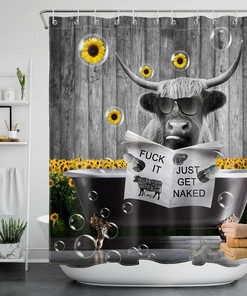 Farmhouse Sunflower Highland Cow Bull Shower Curtain Funny Bathroom Decor