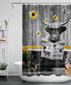 Farmhouse Sunflower Highland Cow Bull Shower Curtain Funny Bathroom Decor