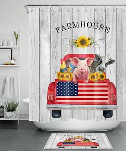 Farmhouse Sunflower Shower Curtain Pig Cow Cock 