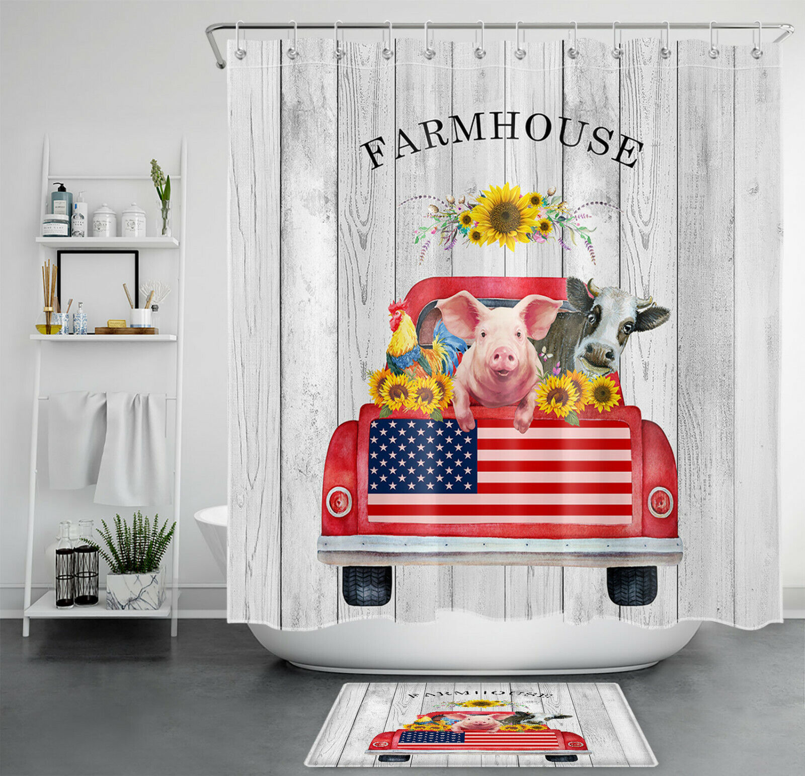 Farmhouse Sunflower Shower Curtain Pig Cow Cock