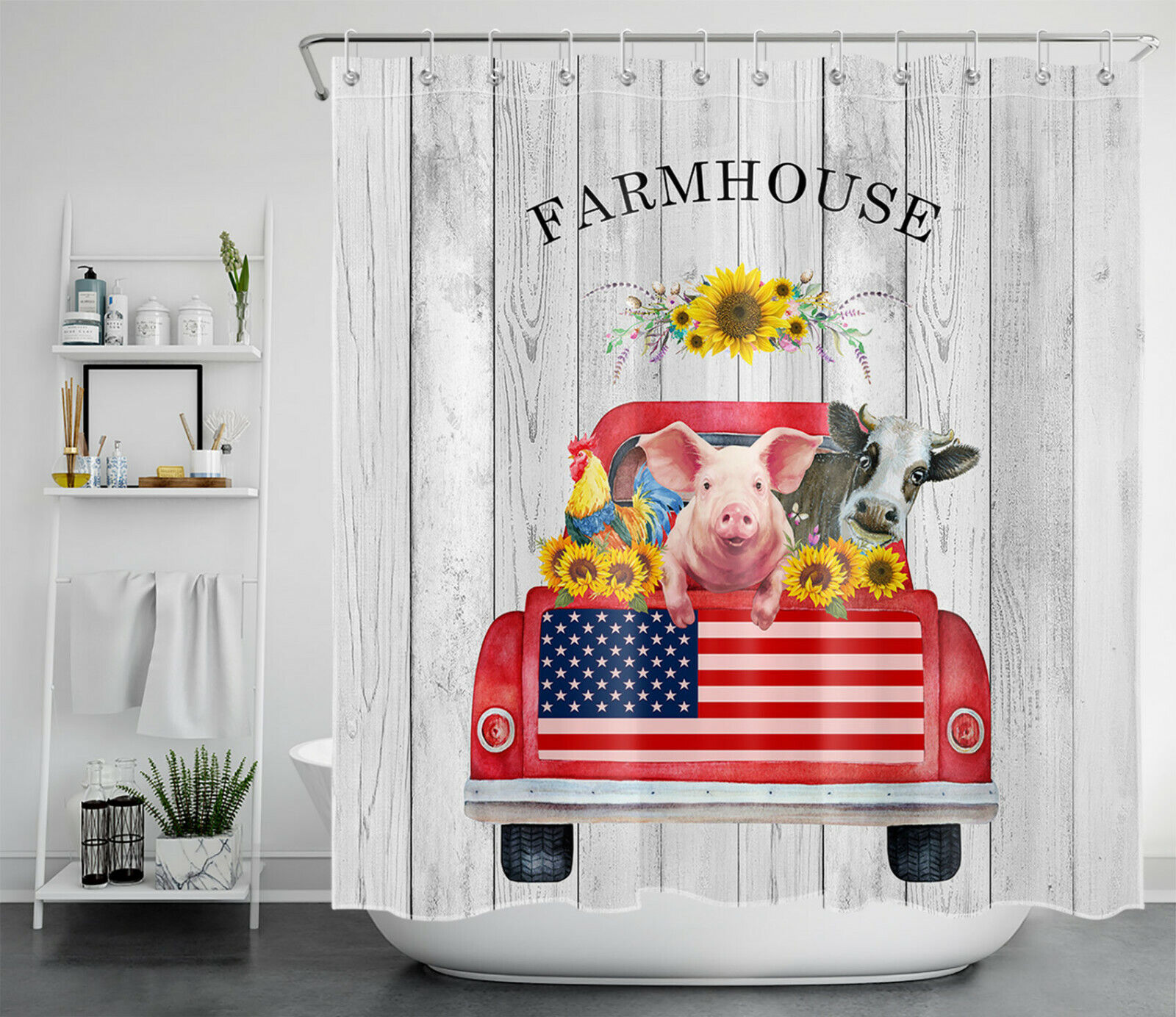 Farmhouse Sunflower Shower Curtain Pig Cow Cock