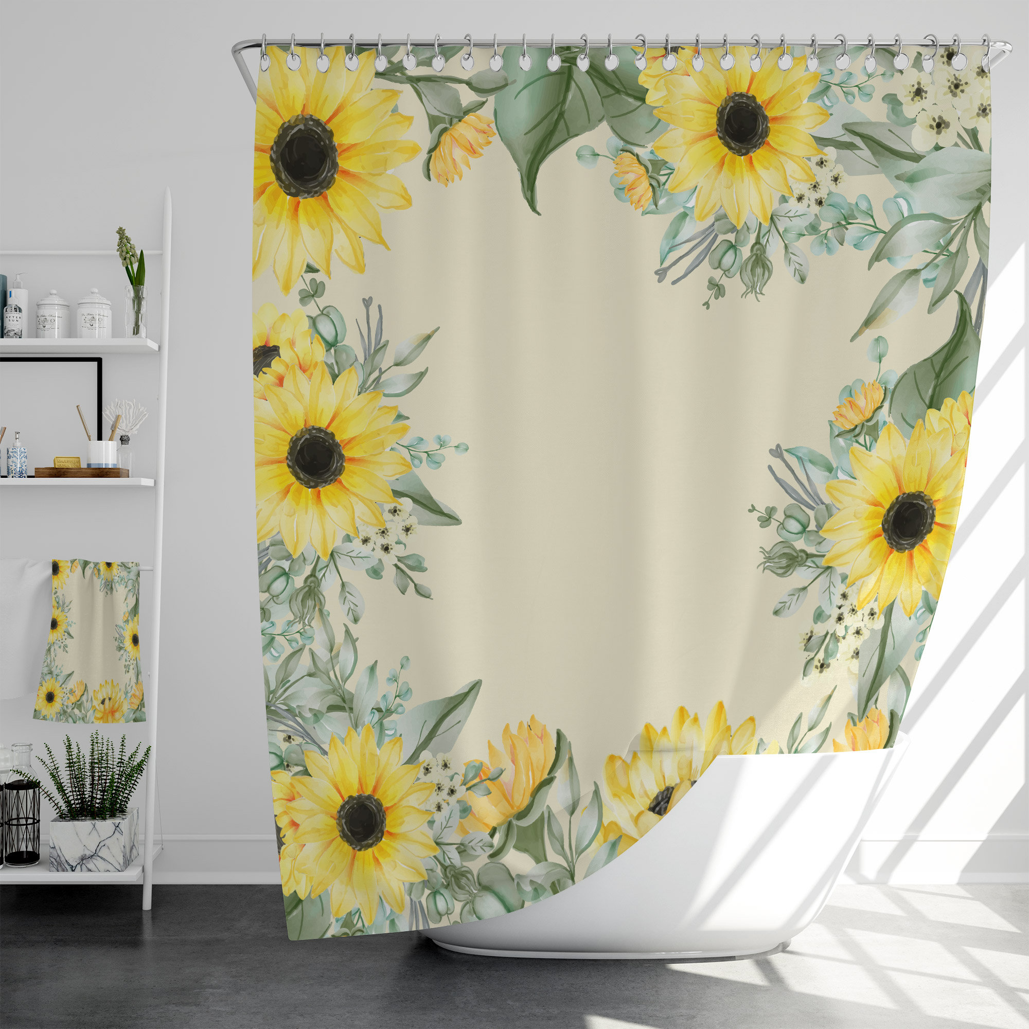 Farmhouse Sunflower Shower Curtain, Rustic Floral Bathroom Decor, Gift for Her