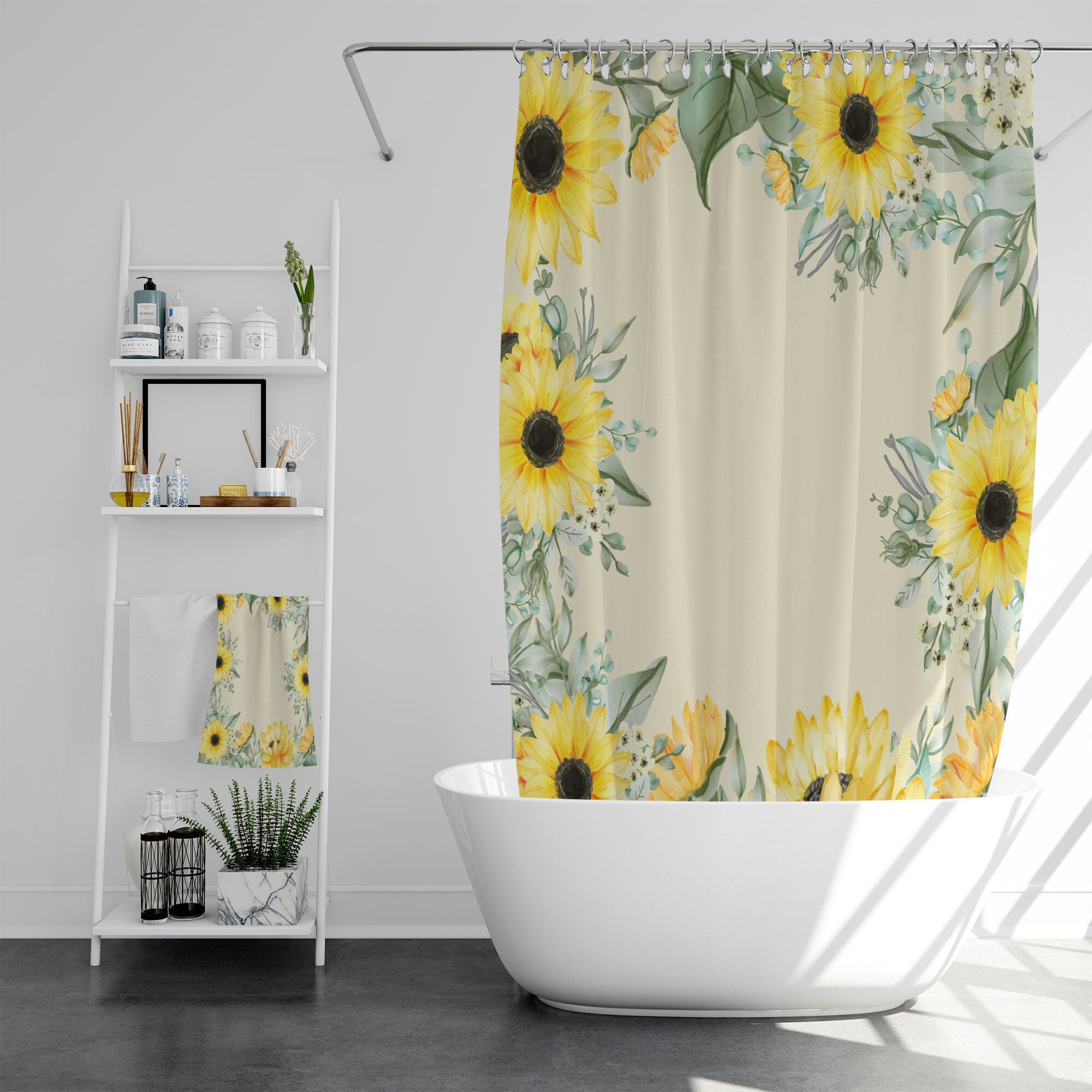 Farmhouse Sunflower Shower Curtain, Rustic Floral Bathroom Decor, Gift for Her