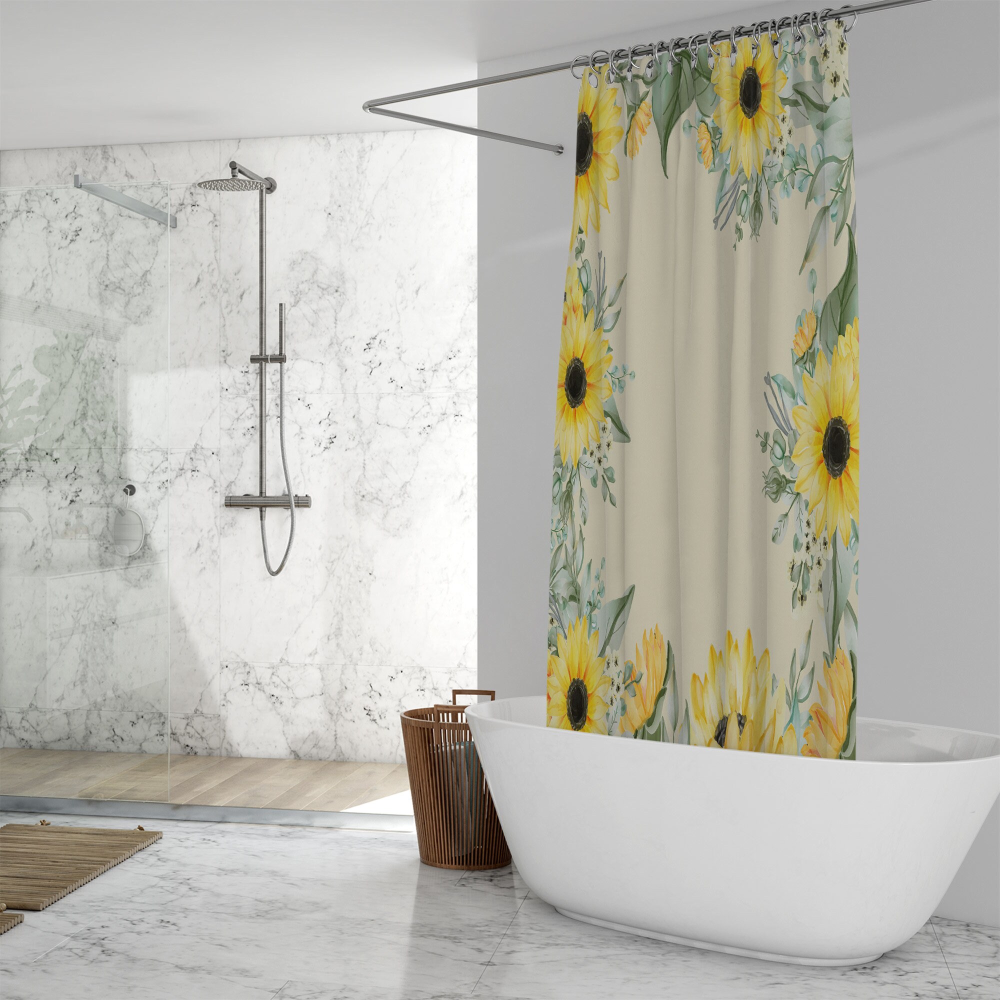 Farmhouse Sunflower Shower Curtain, Rustic Floral Bathroom Decor, Gift for Her