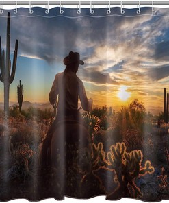 Farmhouse Sunset Shower Curtain - LB Western American Wild West Cactus Bathroom Decor