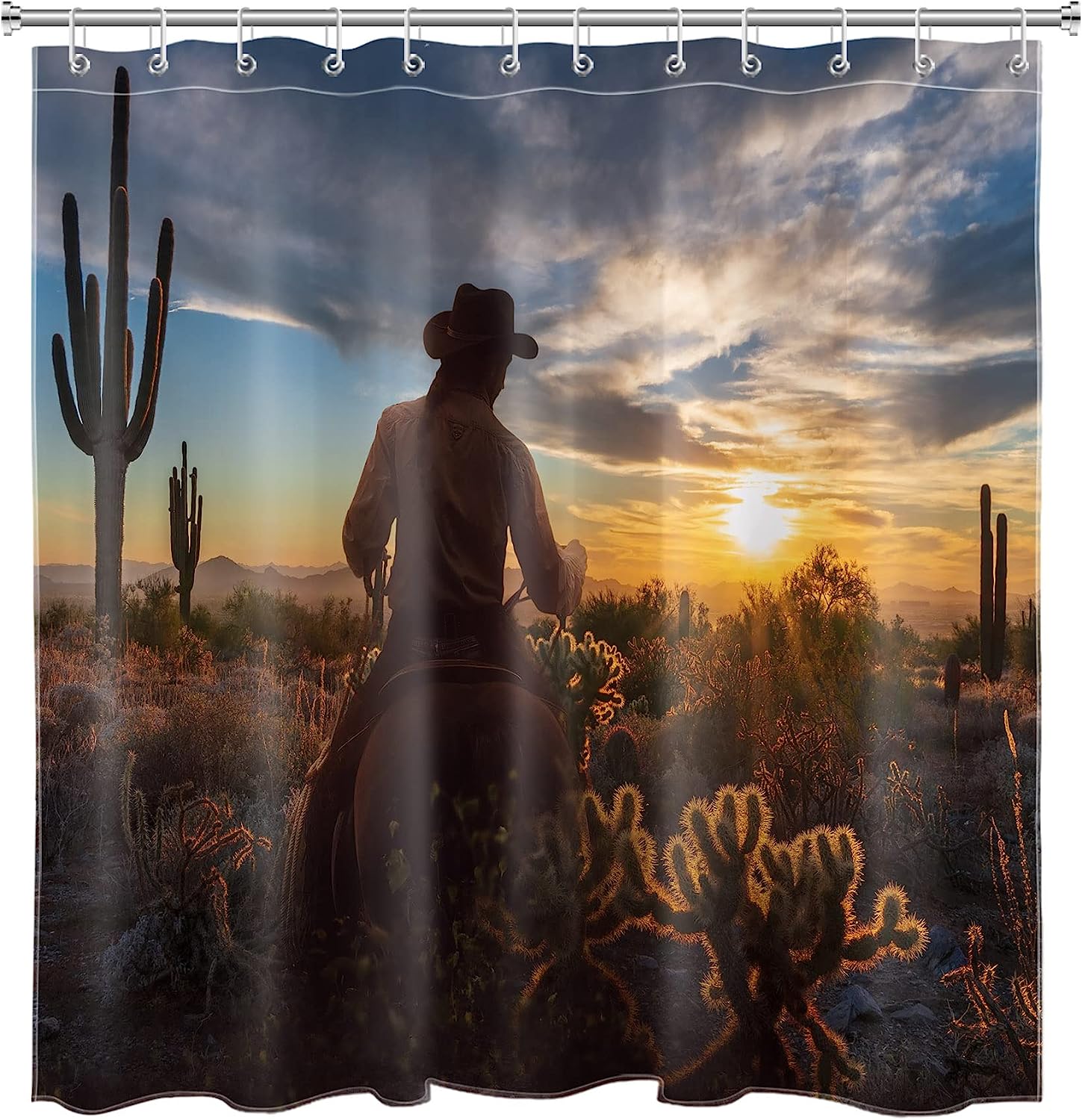 Farmhouse Sunset Shower Curtain - LB Western American Wild West Cactus Bathroom Decor