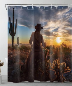 Farmhouse Sunset Shower Curtain - LB Western American Wild West Cactus Bathroom Decor