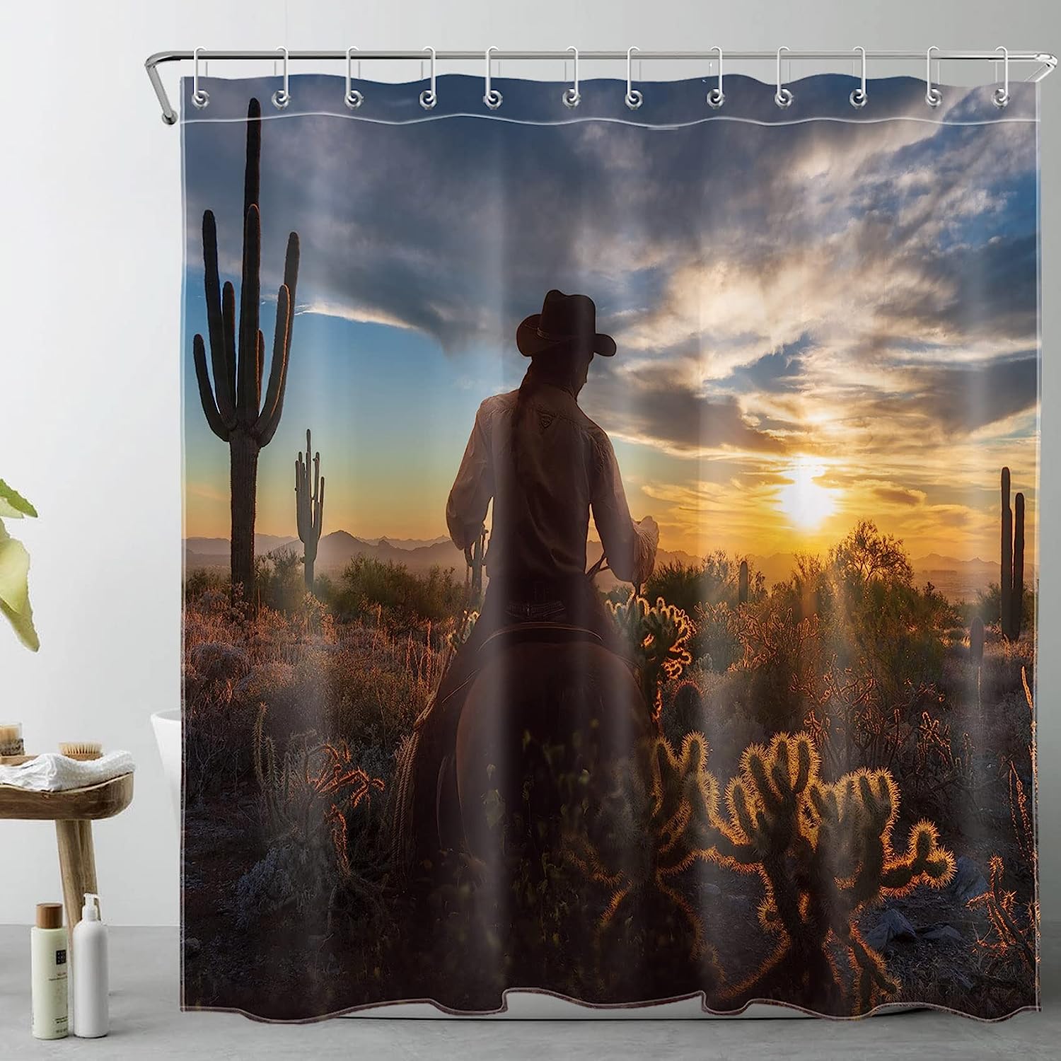 Farmhouse Sunset Shower Curtain - LB Western American Wild West Cactus Bathroom Decor