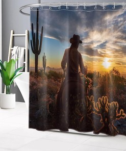 Farmhouse Sunset Shower Curtain - LB Western American Wild West Cactus Bathroom Decor