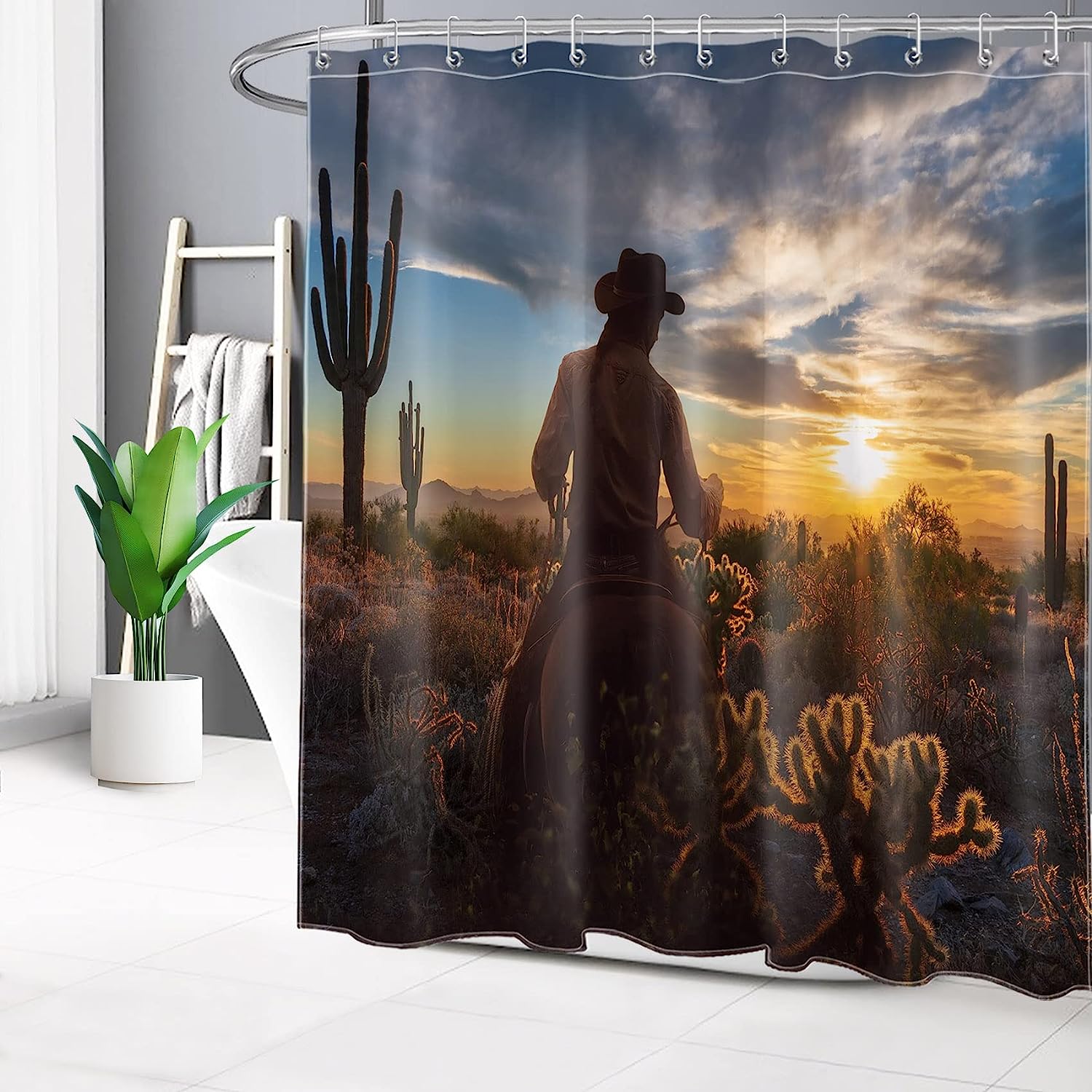 Farmhouse Sunset Shower Curtain - LB Western American Wild West Cactus Bathroom Decor