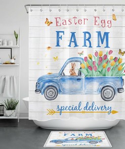 Farmhouse Truck Flowers Tulips Easter Bunny Shower Curtain - Spring Bathroom Decor
