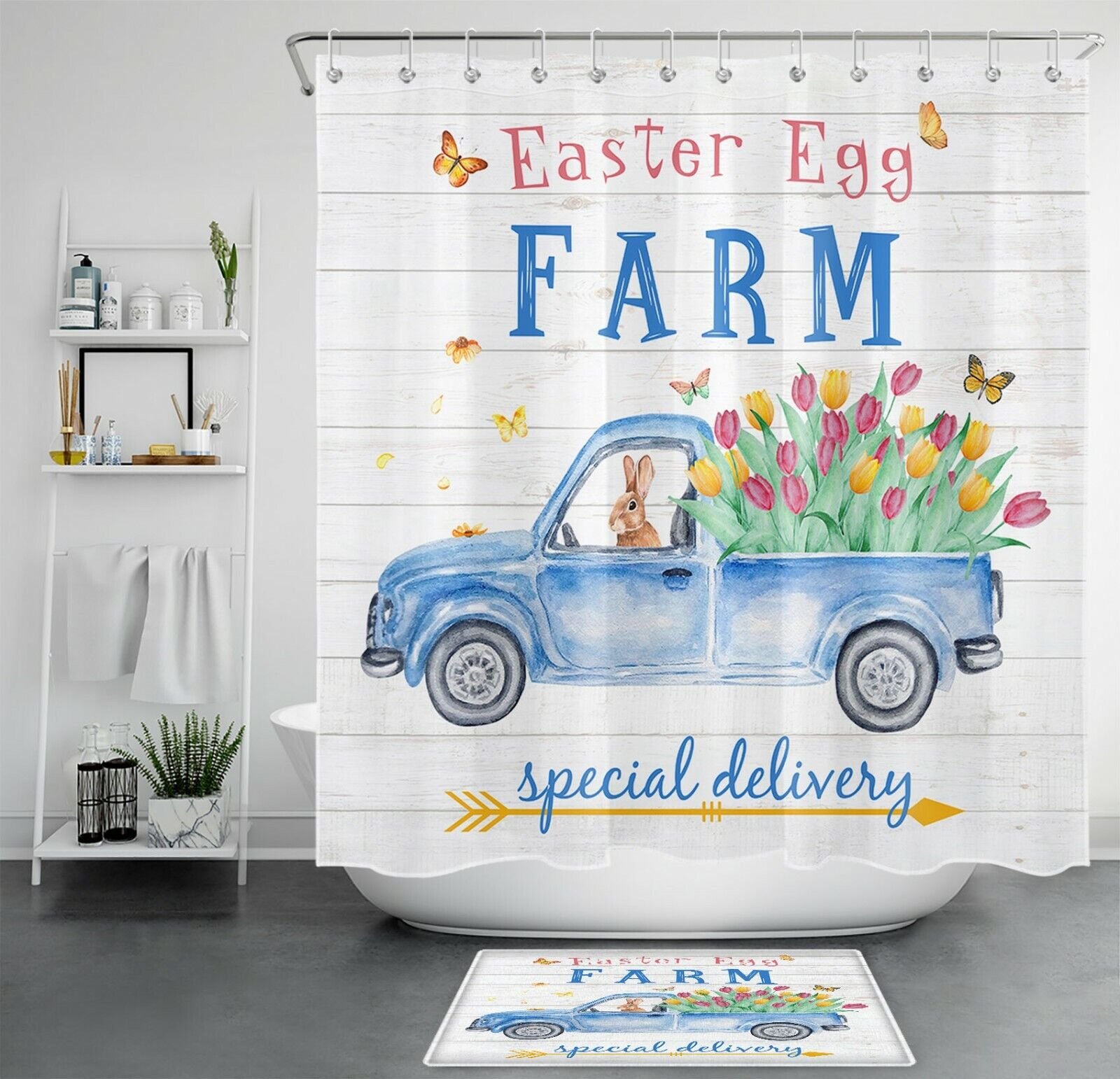 Farmhouse Truck Flowers Tulips Easter Bunny Shower Curtain - Spring Bathroom Decor