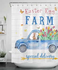 Farmhouse Truck Flowers Tulips Easter Bunny Shower Curtain - Spring Bathroom Decor