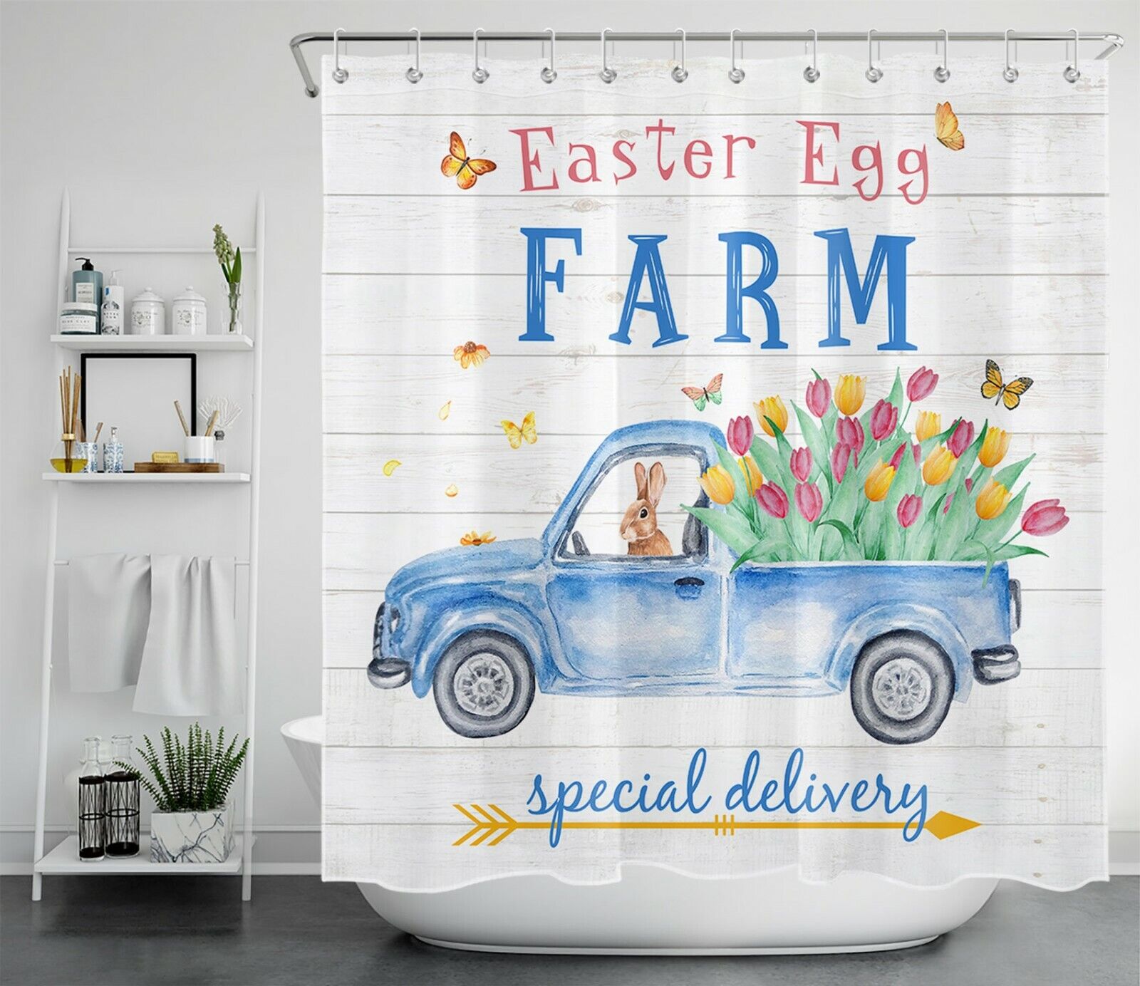 Farmhouse Truck Flowers Tulips Easter Bunny Shower Curtain - Spring Bathroom Decor
