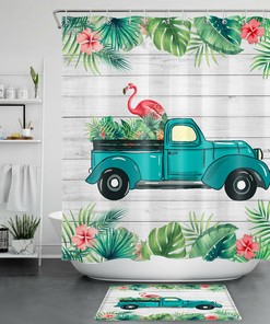 Farmhouse Truck and Flamingo Print Shower Curtain for a Rustic and Girly Bathroom