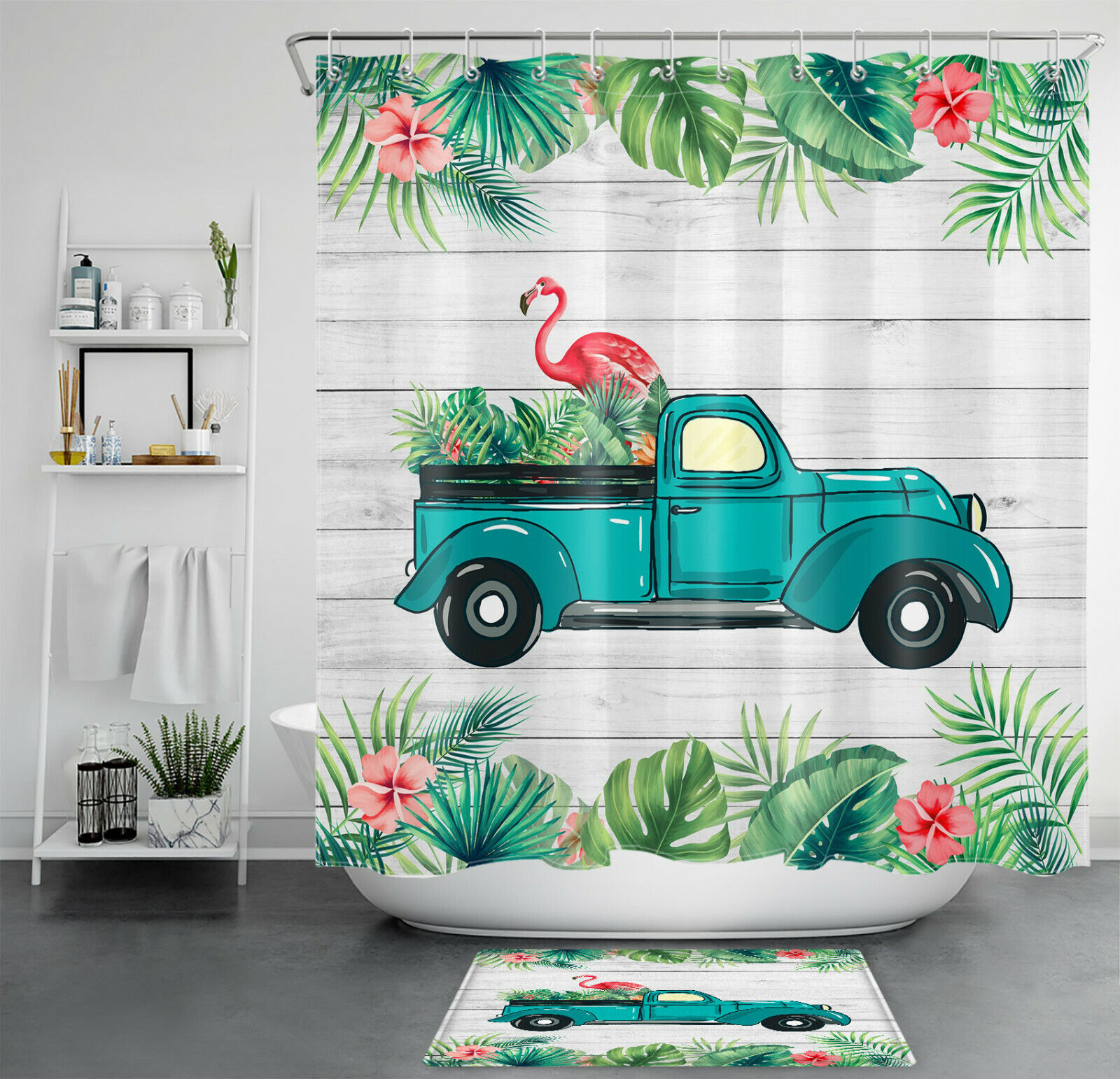 Farmhouse Truck and Flamingo Print Shower Curtain for a Rustic and Girly Bathroom