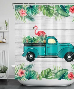 Farmhouse Truck and Flamingo Print Shower Curtain for a Rustic and Girly Bathroom