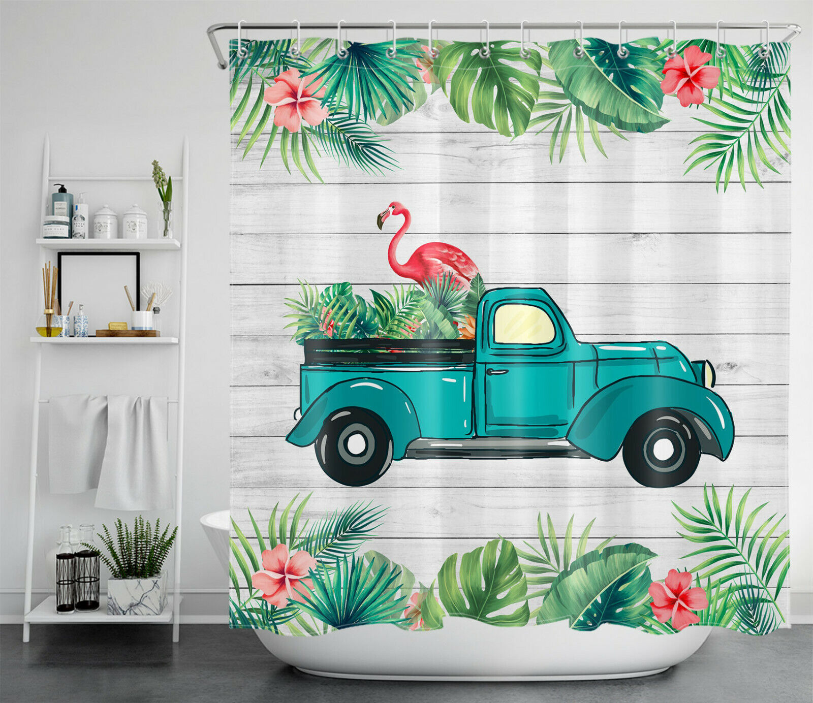 Farmhouse Truck and Flamingo Print Shower Curtain for a Rustic and Girly Bathroom