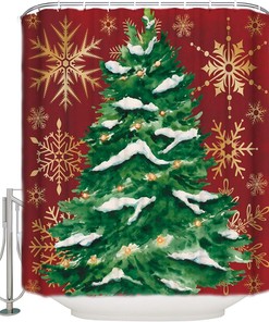 Farmhouse Xmas Shower Curtain | Red Snowflake Tree Snowy Bathroom Decor