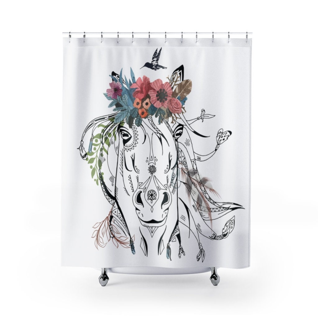 Farmhouse-Inspired Boho Horse Head Bath Curtain With Equestrian Theme And Rustic Feel For Cozy Bathroom.