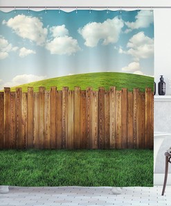 Farmland Pastoral Environment Shower Curtain, Wooden Garden Fence With Cloudy Sky Design Cloth Fabric Bathroom Decors