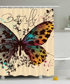 Fashion Illustration with Butterflies Manerly Shower Curtain for Elegant Bathroom Decor