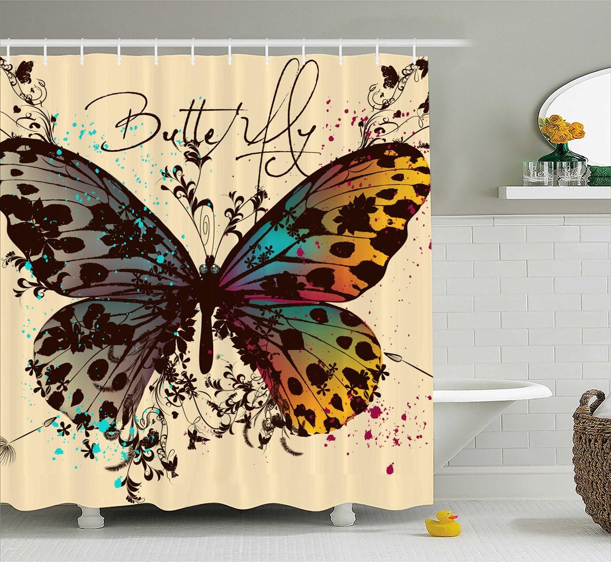 Fashion Illustration with Butterflies Manerly Shower Curtain for Elegant Bathroom Decor