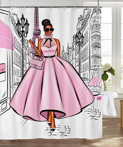 Fashionable African American Pink Eiffel Tower Shower Curtain for Women's Bath