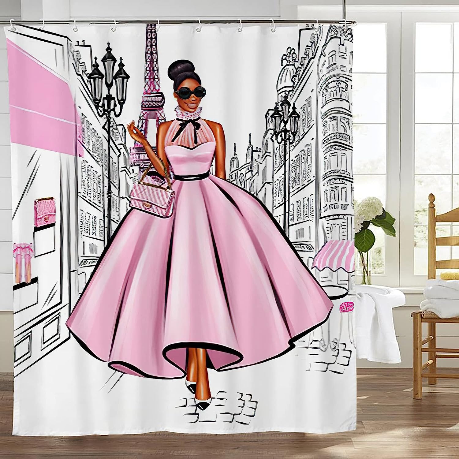 Fashionable African American Pink Eiffel Tower Shower Curtain for Women's Bath