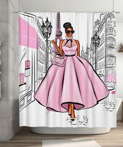 Fashionable African American Pink Eiffel Tower Shower Curtain for Women's Bath