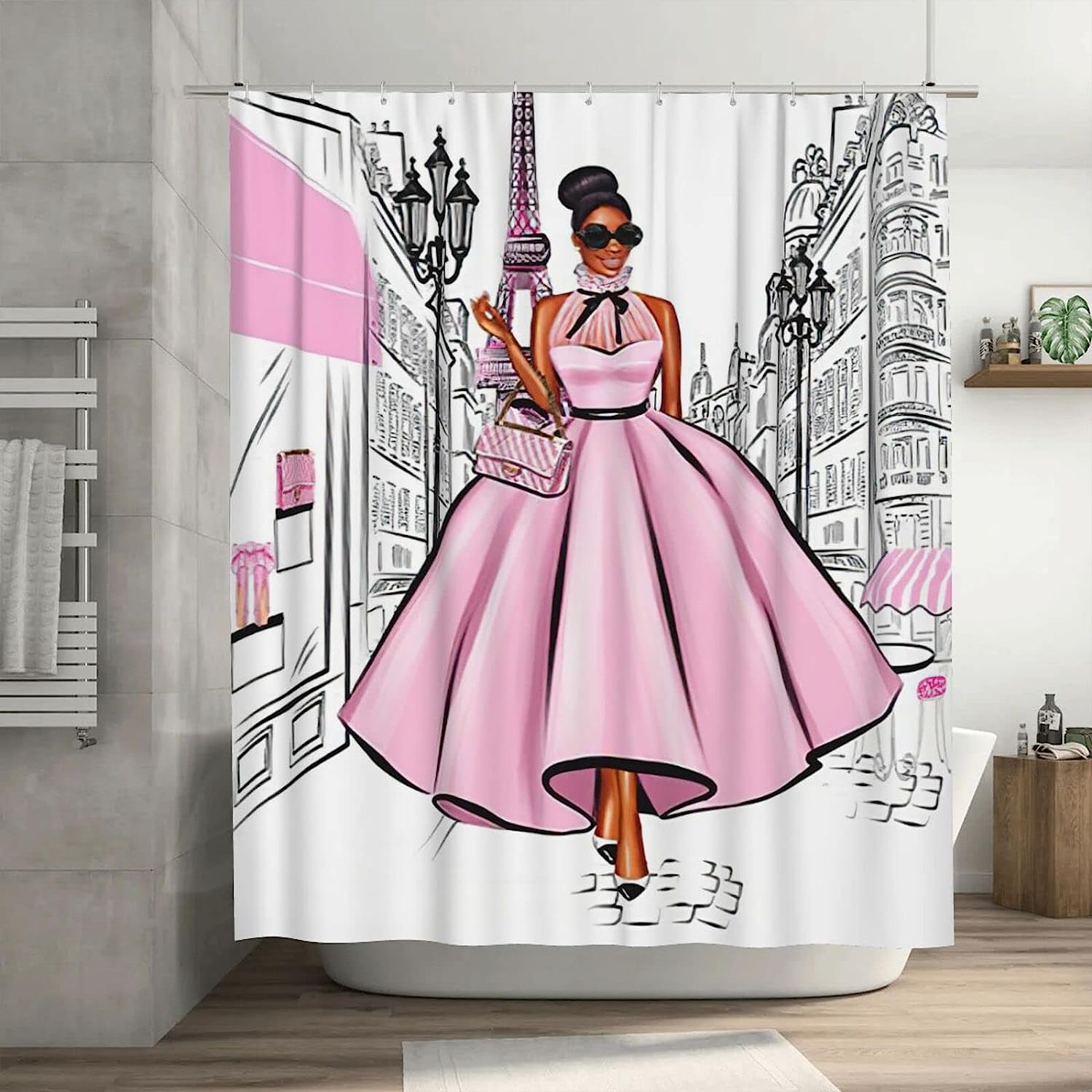 Fashionable African American Pink Eiffel Tower Shower Curtain for Women's Bath