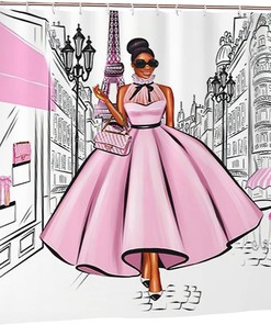 Fashionable African American Pink Eiffel Tower Shower Curtain for Women's Bath