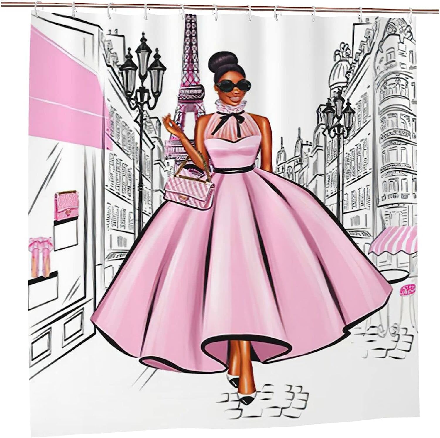 Fashionable African American Pink Eiffel Tower Shower Curtain for Women's Bath