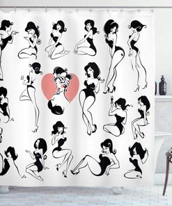 Fashionable Girl Model With Heart Tattoo Shower Curtain, Full Body Features Cloth Fabric Bathroom Decors
