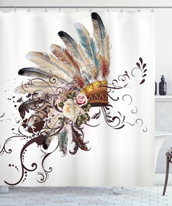 Feather And Floral Arrangements Shower Curtain, Swirls Shapes Cloth Fabric Bathroom Decors