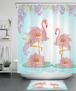 Feel The Summer Vibe With A Flower Flamingo Shower Curtain With Lotus Leaves - Perfect For Your Bathroom Decor