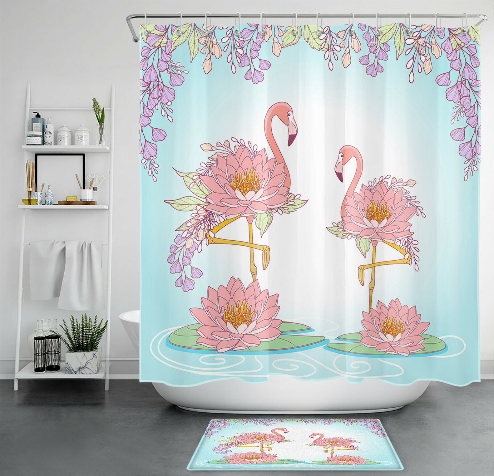 Feel The Summer Vibe With A Flower Flamingo Shower Curtain With Lotus Leaves - Perfect For Your Bathroom Decor